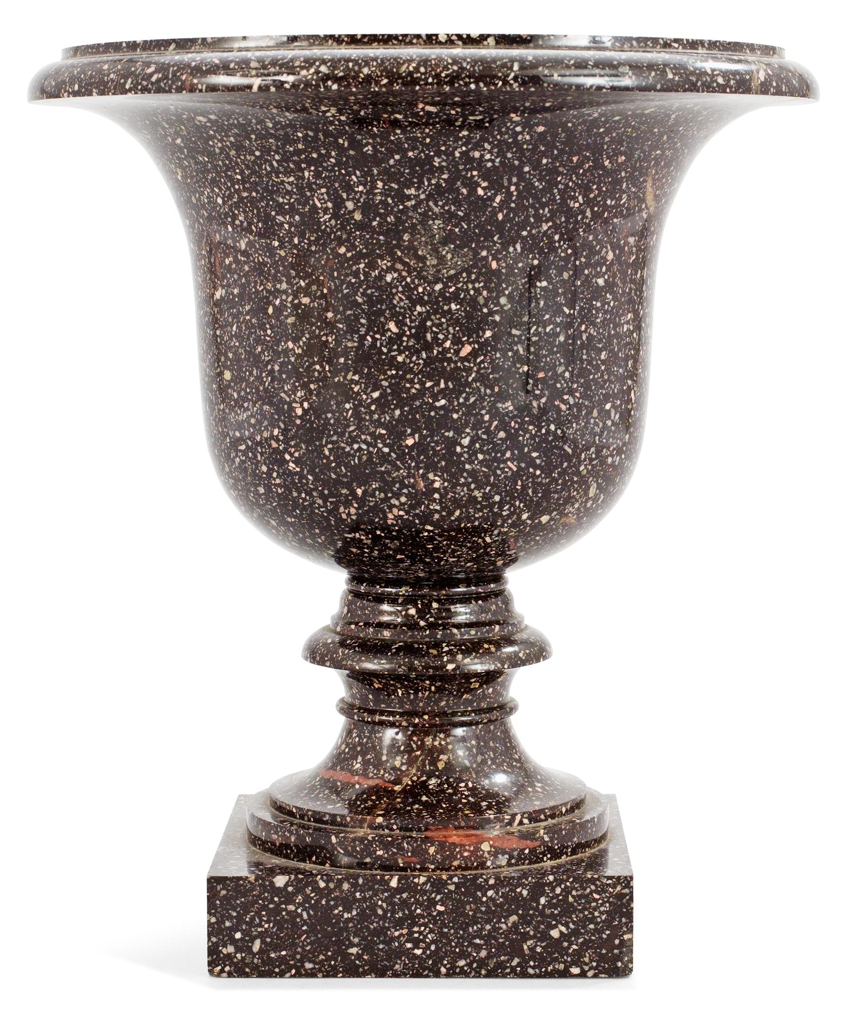 A Swedish Empire porphyry urn.