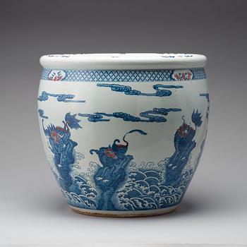 A pair of massive Chinese blue and white and red basins, 20th Century.