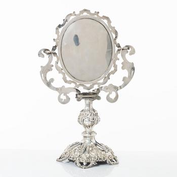 A Swedish silver dressing table mirror on stand, mark of Gustaf Möllenborg, Stockholm 1856.
