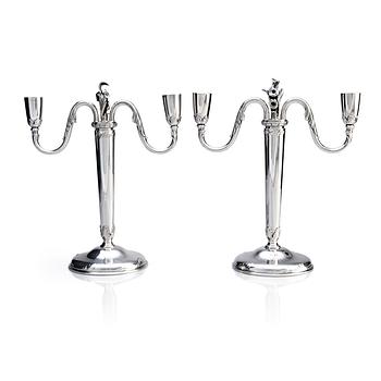 A pair of two branches silver candelabras, W.A. Bolin, Stockholm 1948.