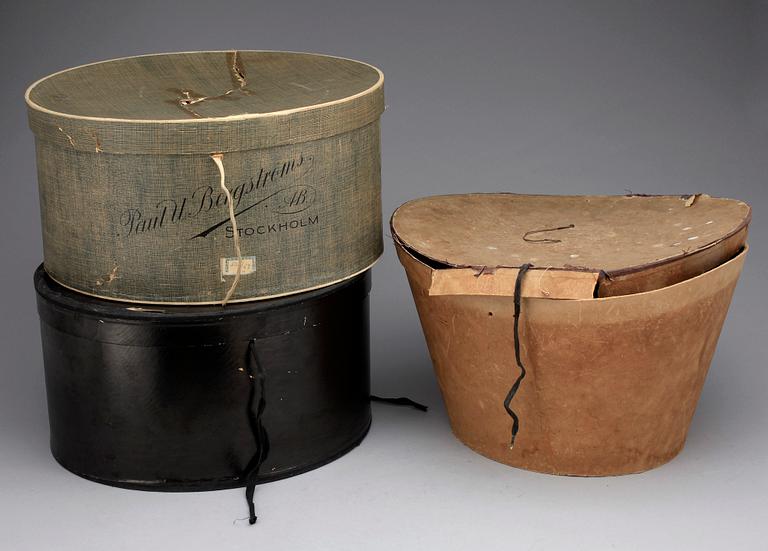 CYLINDERHATTAR, 3 st med askar, 1800/1900-tal.