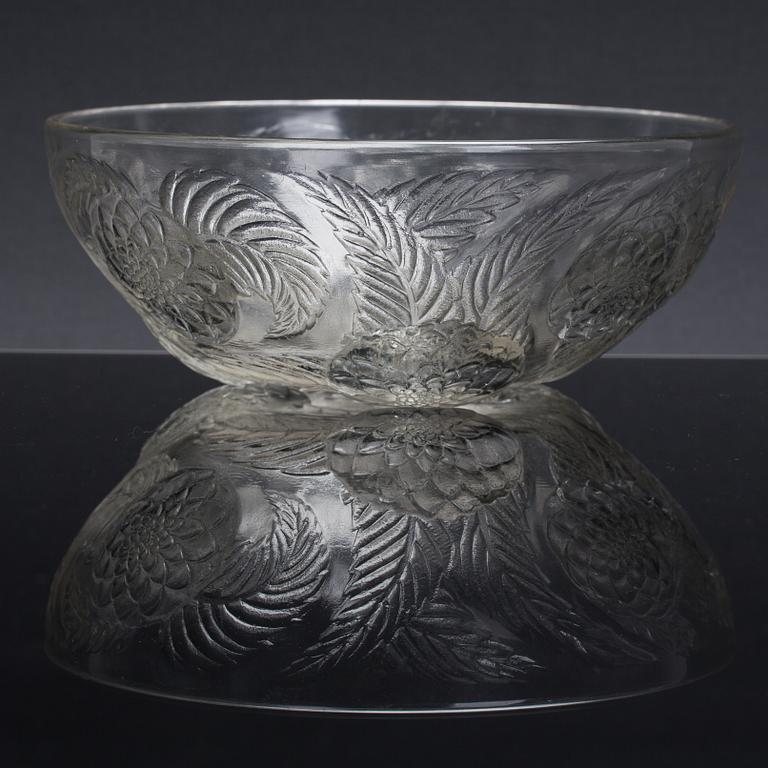 RENE LALIQUE, skål, glas, märkt R. Lalique och otydligt numrerad.