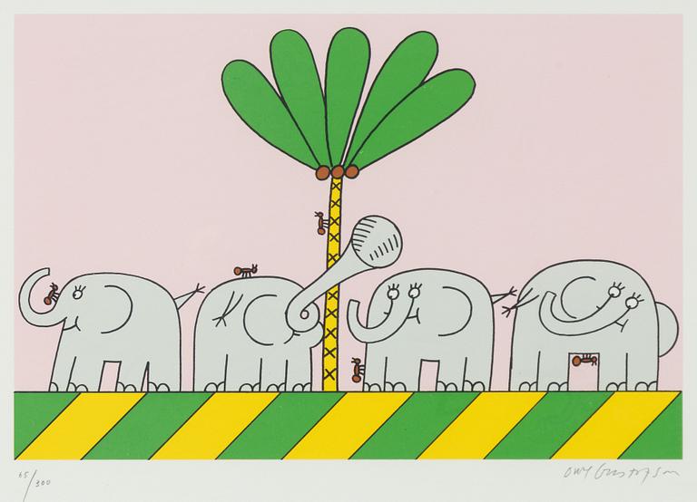 Owe Gustafson, screen prints, 4 pcs, from "Fem myror är fler än fyra elefanter".