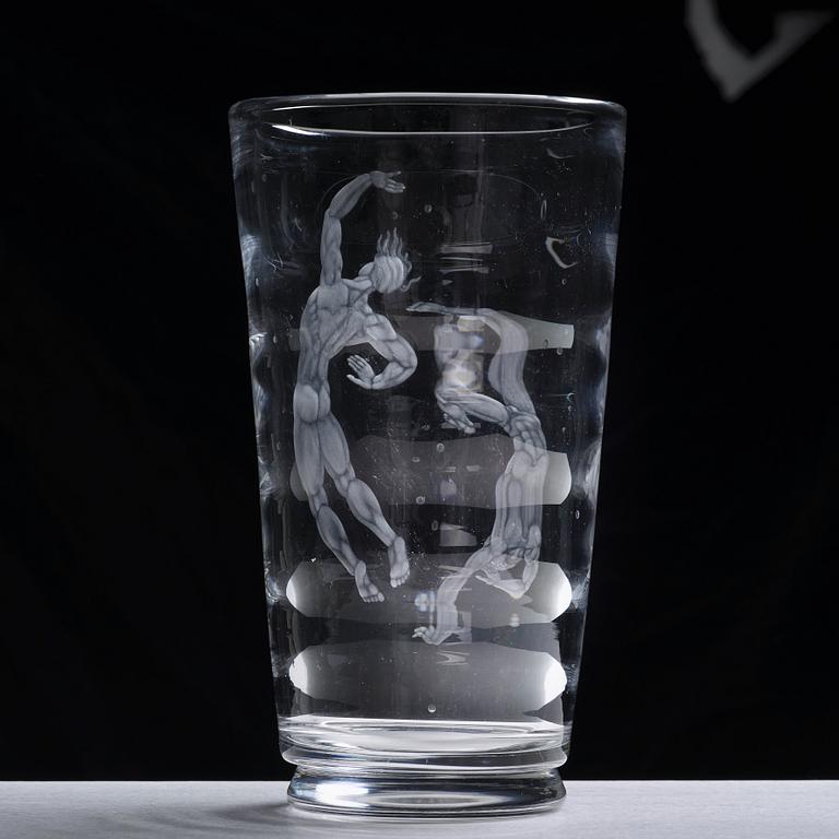 Vicke Lindstrand, an engraved "Pearl fisher" glass vase, Orrefors, Sweden 1956.
