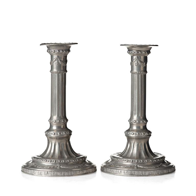 A pair of Gustavian pewter candlesticks by Jacob Sauer, Stockholm 1793.