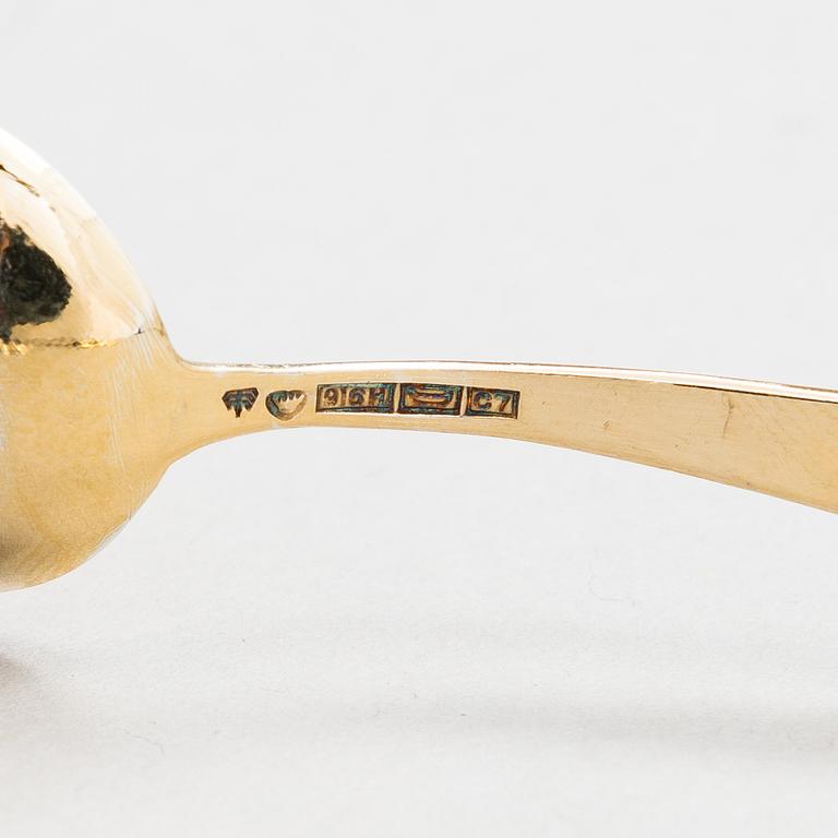 A set of six enamelled, gilt silver espresso spoons, Tillander, Helsinki 1955-56.