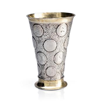 339. A Polish 18th century parcel-gilt silver coin beaker, mark of Benjamin Berent, Danzig (active 1713-1756).