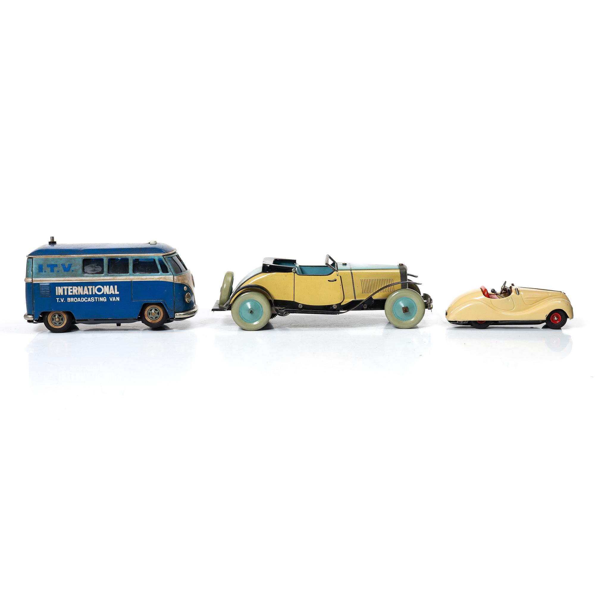 Tin toys, 3 cars, Gakken Toy, Chad Valley & Schuco.