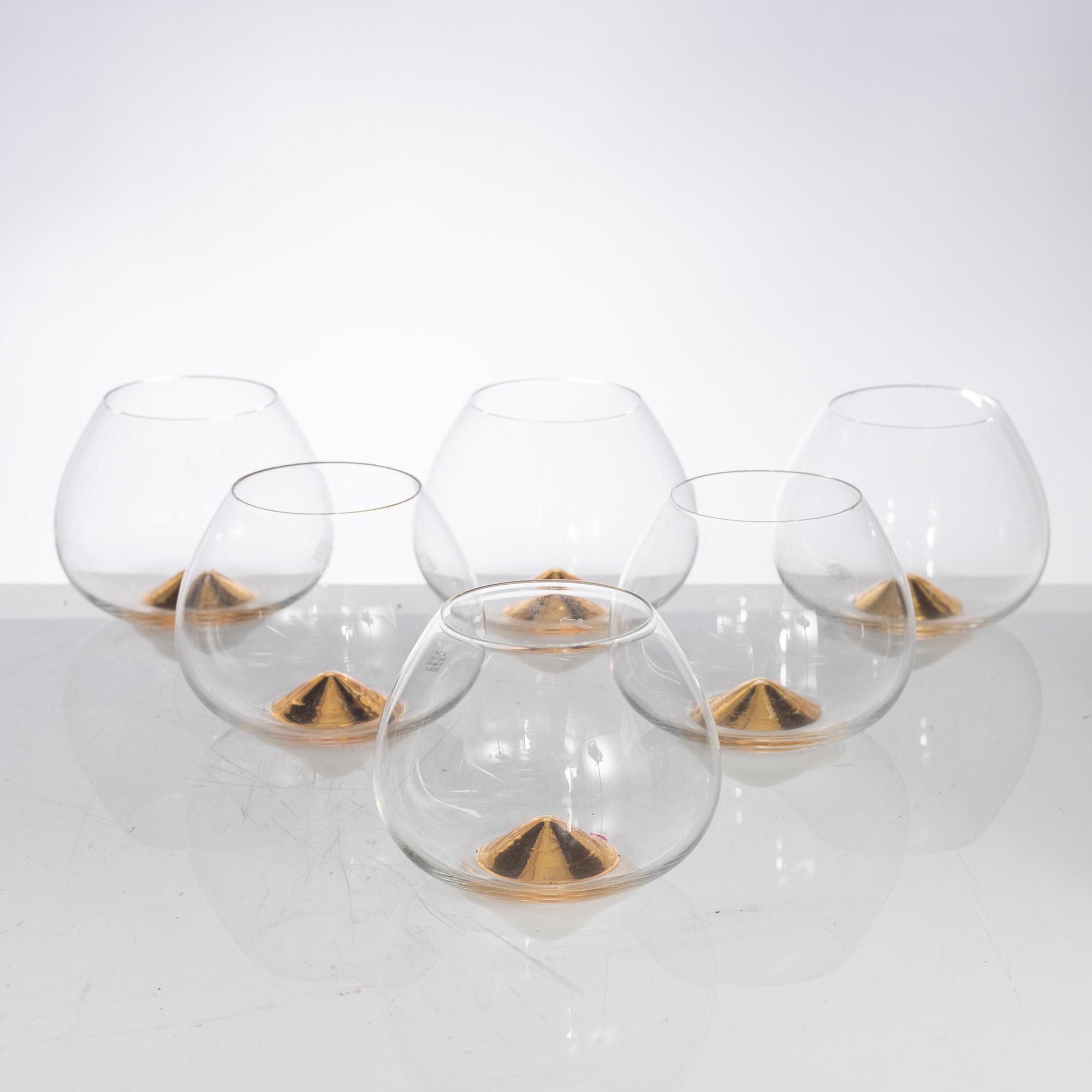 Ingegerd Råman, a set of 6 cognac glasses,  "Guld", Skruf Glassworks, late 20th century.