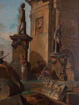 Giovanni Paolo Panini, Capriccio med figurer vid romerska ruiner och Konstantinbågen.