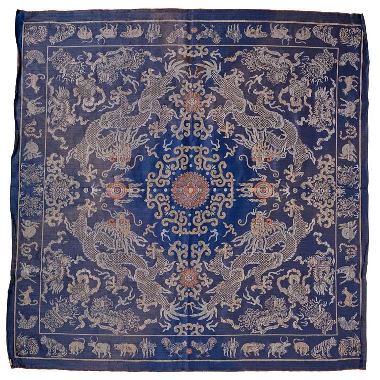 A silk blue-ground brocade panel, late Qing dynasty/early 20th century.