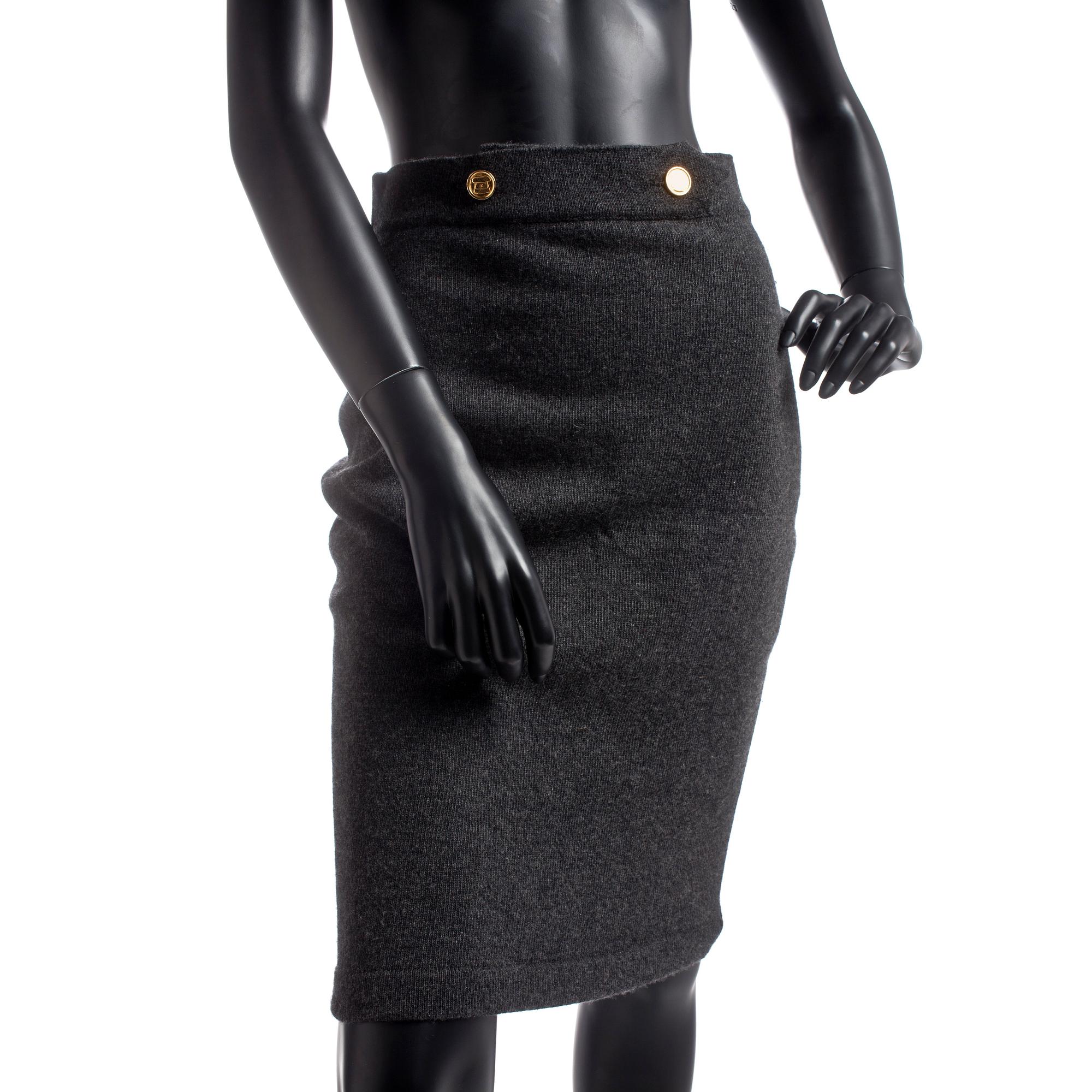 CHANEL, a grey cashmere jacket and skirt.