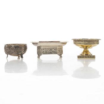 Three Russian silver salt cellars, 19th century.