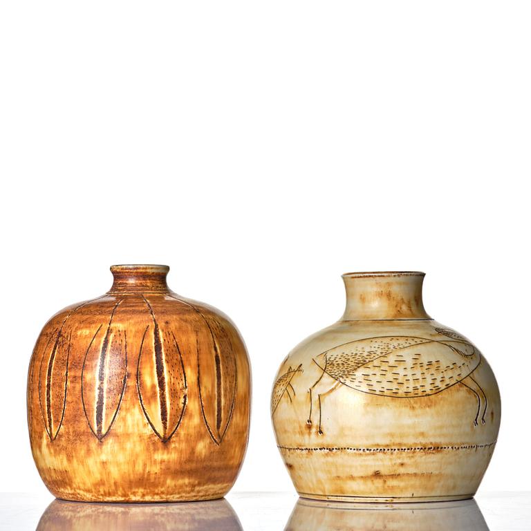 Anders Bruno Liljefors, two stoneware vases, Gustavsberg studio, Sweden ca 1949-50.