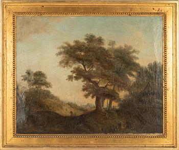 Unknown artist, 18th century, Landscape with figures outside village.