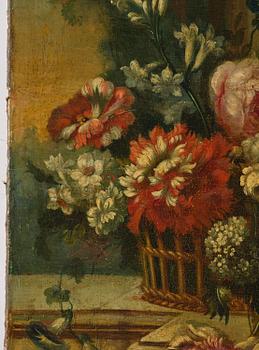 Pieter Casteels III, follower of, Wall panels, a pair, Flower urns with a parrot and a monkey respectively.