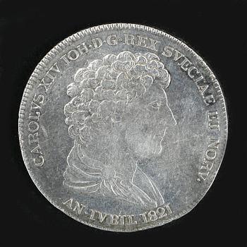 MINNESMYNT, silver, 1 Riksdaler, Karl XIV Johan, Sverige,1821.  Vikt 29 g.