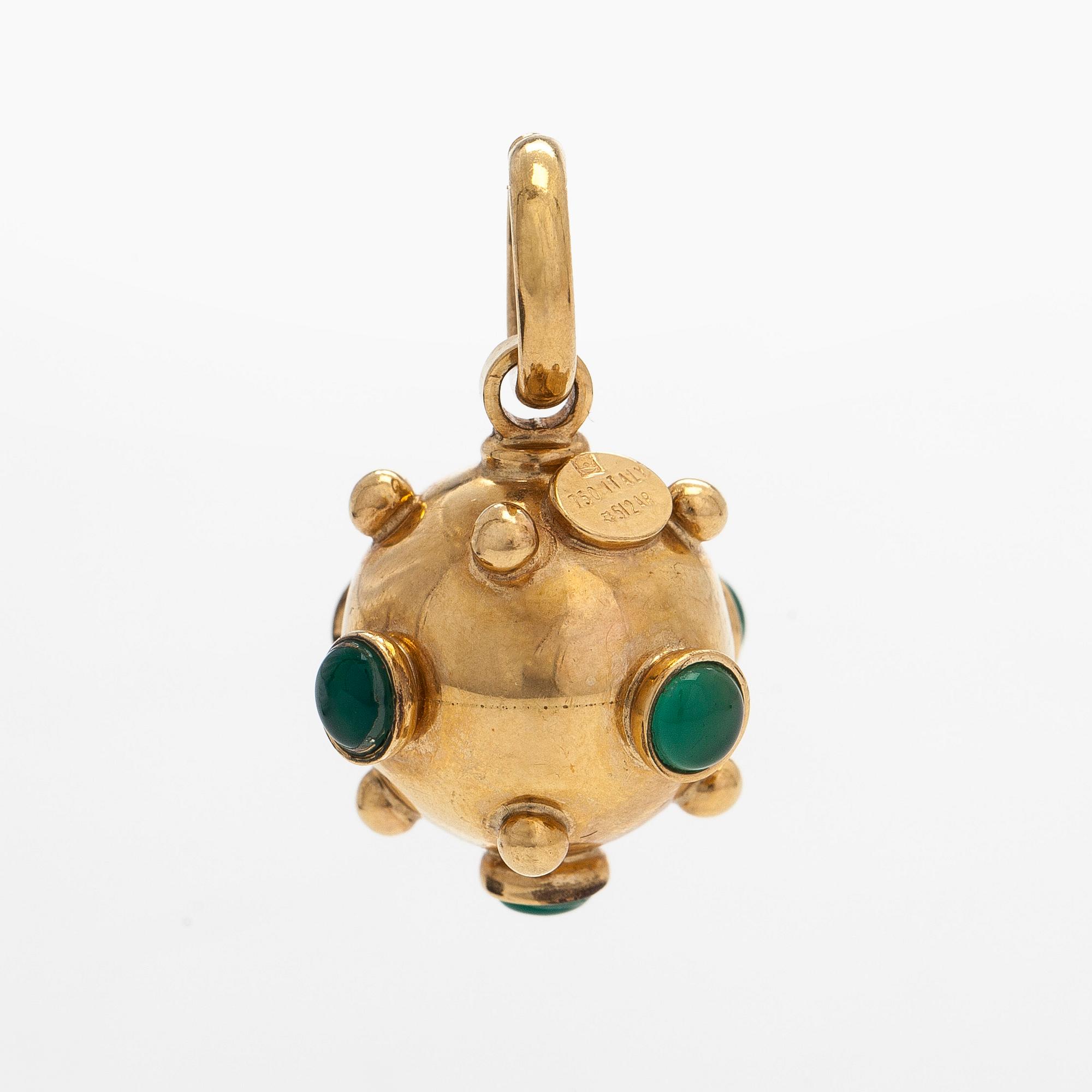 Riipus, 18K kultaa ja värjättyjä kalsedoneja.