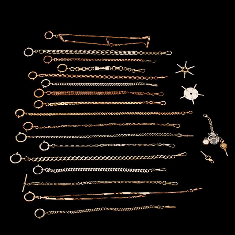 SAMLING KLOCKKEDJOR, ca 19 st, sekelskiftet 1900.