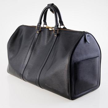 LOUIS VUITTON BLACK EPI LEATHER KEEPALL 50 TRAVEL BAG.