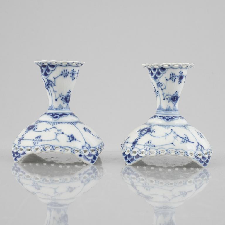 A pair of 'Blue Fluted Full Lace' porcelain candle sticks, Royal Copenhagen, model 1138, 1974-78.