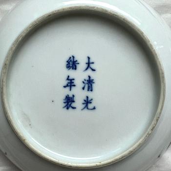 A pair of underglaze blue and and iron-red 'wufu' dishes, Qing dynasty with Guangxu mark and of the period (1875-1908).