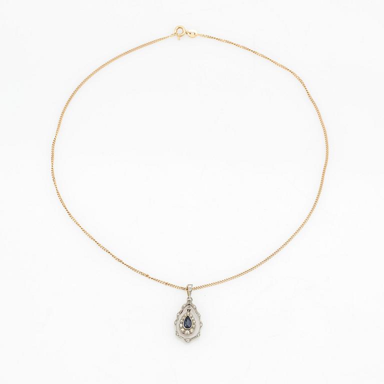 Necklace, 18K gold chain and pendant with brilliant-cut diamonds and synthetic sapphire.