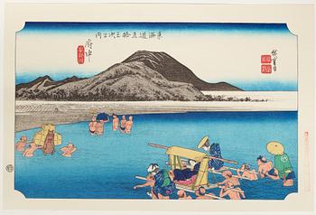 ANDO HIROSHIGE, senare avdrag, mapp, "The fifty-three stations on the tokaido", utgiven av Kata Hanga Kenkyujo.