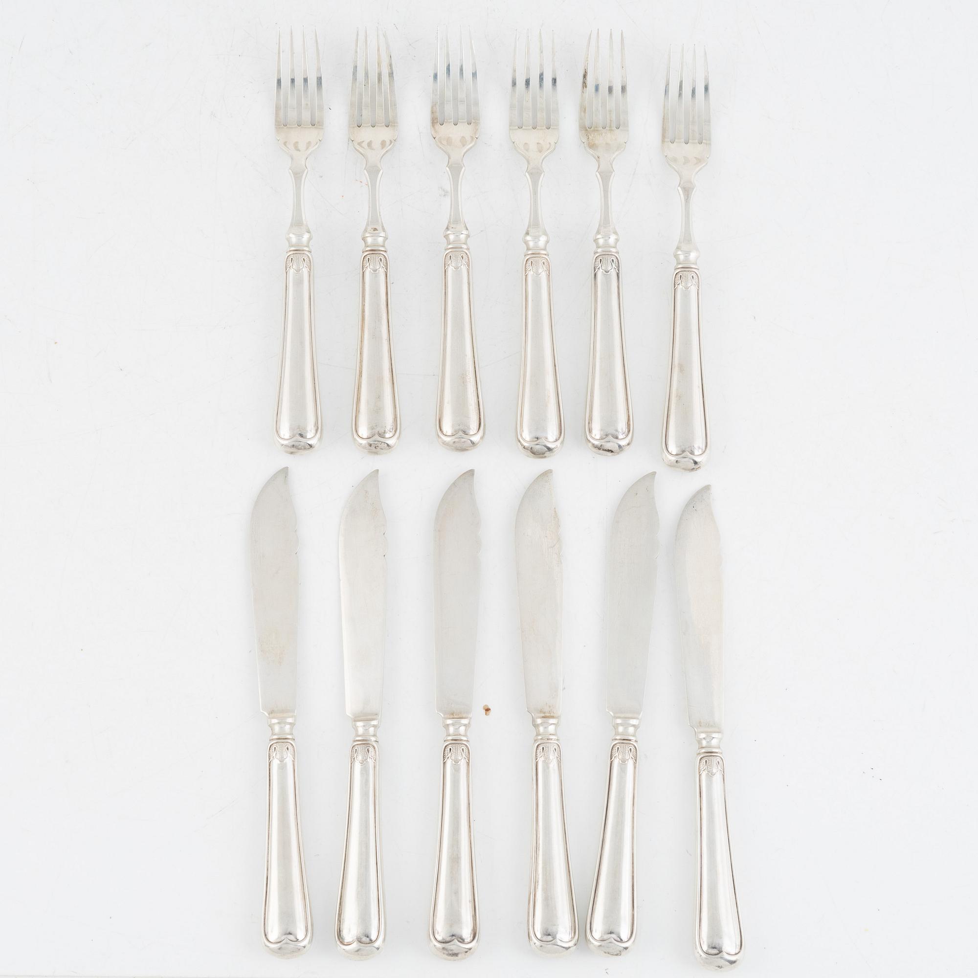 Fiskbestick, 12 delar, silver, David Andersen, Norge, samt med svensk importstämpel.