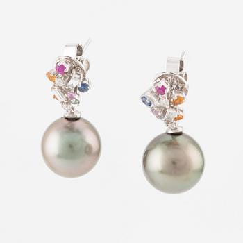 Earrings, a pair with cultured South Sea pearls, multi-coloured sapphires, and baguette and brilliant-cut diamonds.