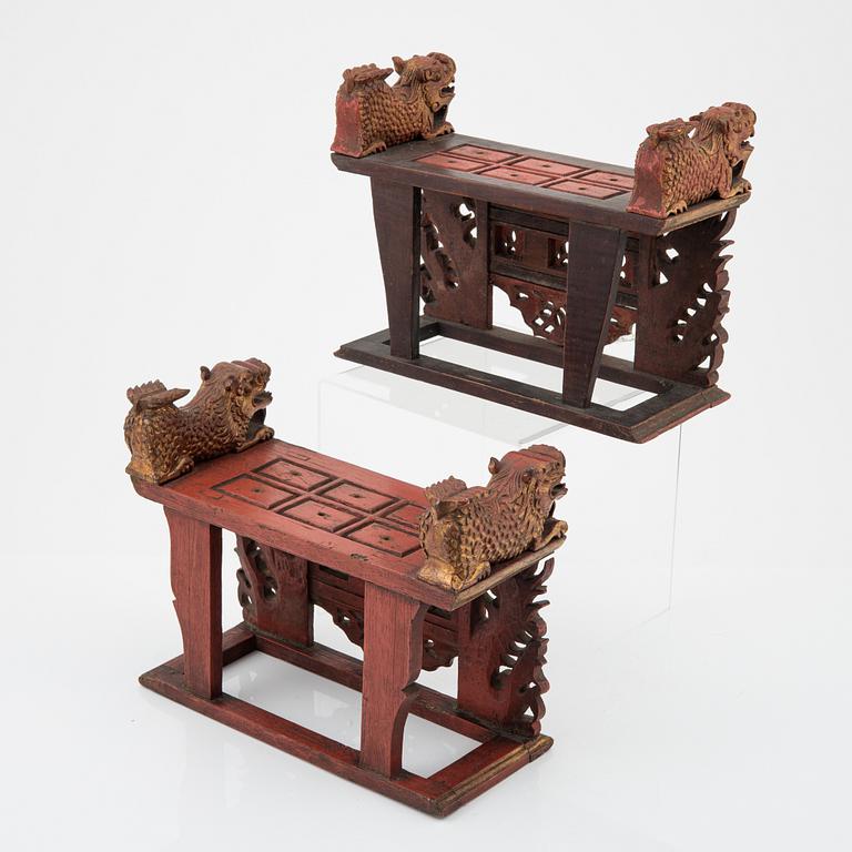 Two red lacquer and gilded altar tables, Indonesia, Jakarta, 20th Century.