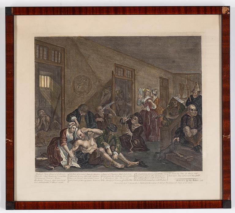 William Hogarth, efter, åtta stycken kolorerade etsningar och gravyrer.