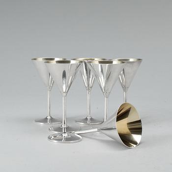 STARKVINSGLAS, 6 st, silver, C G Hallberg, Stockholm, 1937. Totalvikt ca 380 gram.