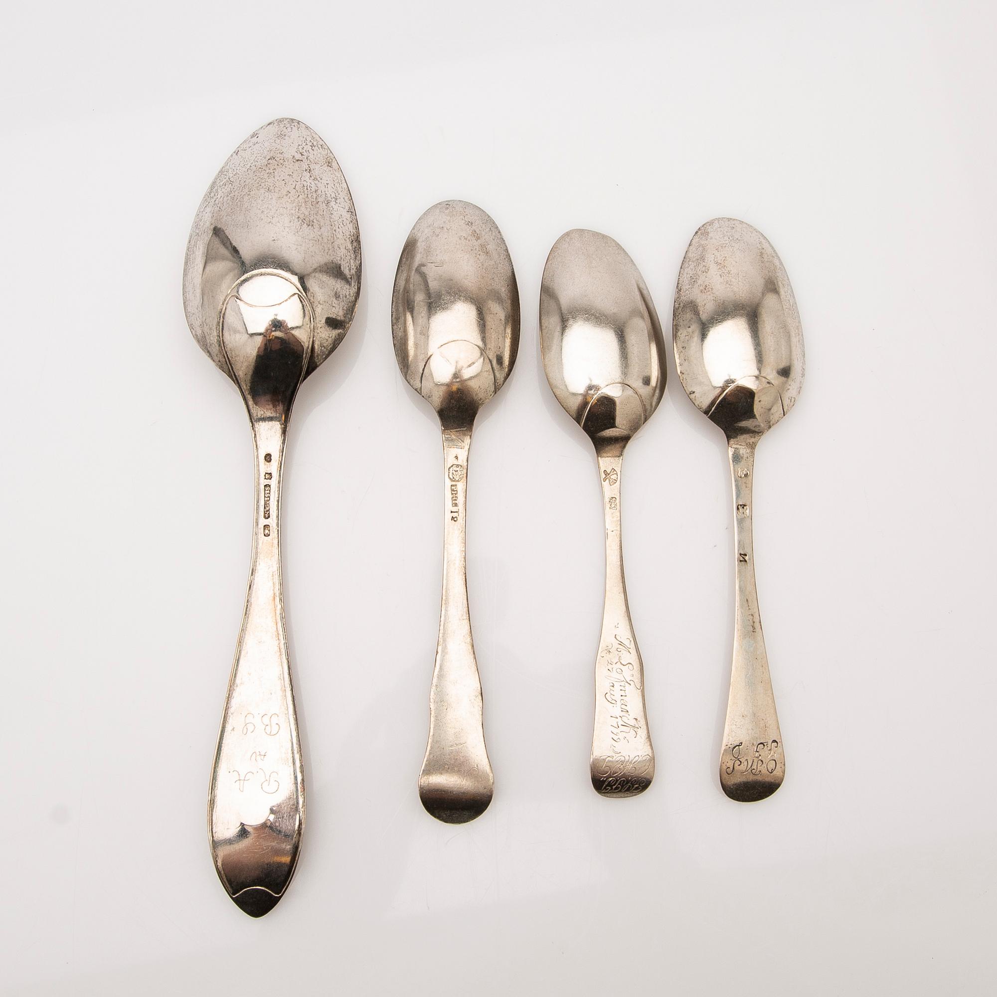 Spoons, 4 pcs, including Carl Fredrik Seseman and Peter Pihl, 18th/19th century.