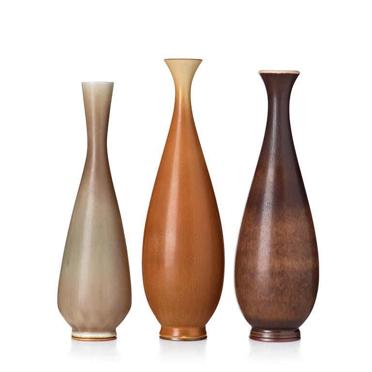 Berndt Friberg, a set of three stoneware vases, Gustavsberg studio 1957 and 1961.