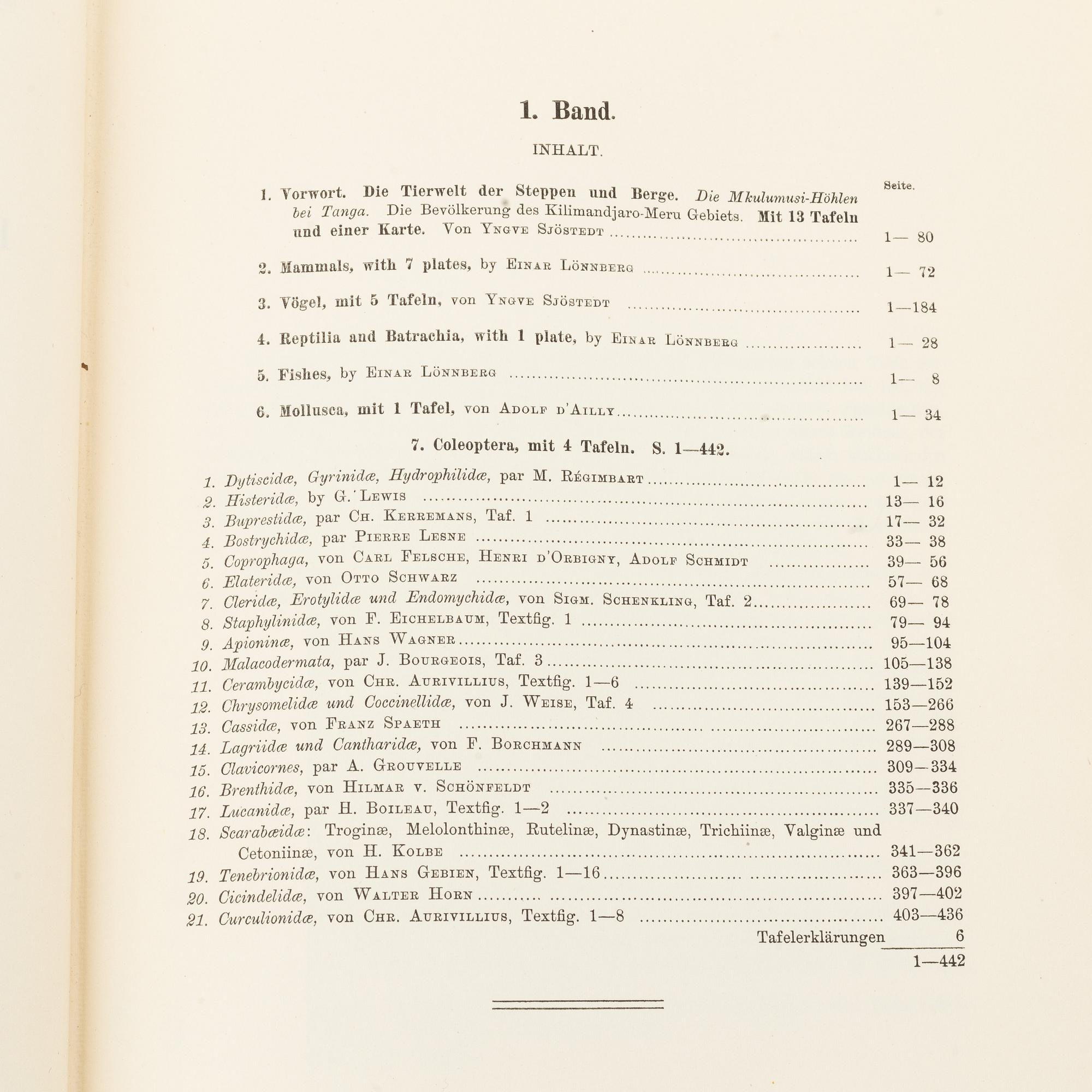 Yngve Sjöstedt, Zoologische Kilimandjaro-Meru Expedition 1905-1906, 3 volumes, P.Palmqvists Aktiebolag Stockholm, 1910.