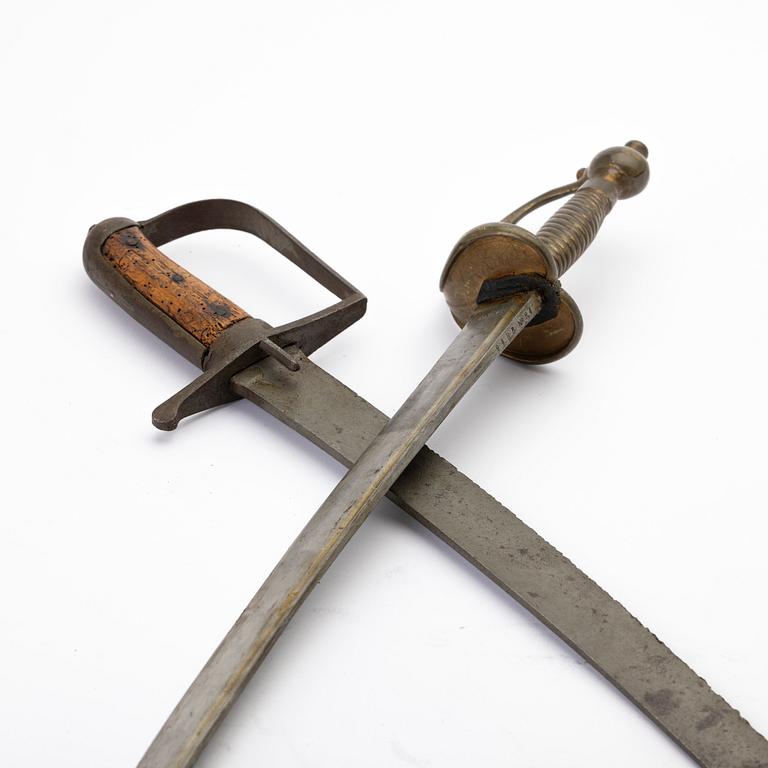 Sabres, 2, cavalry sabre and cutlass, Sweden, 19th century.