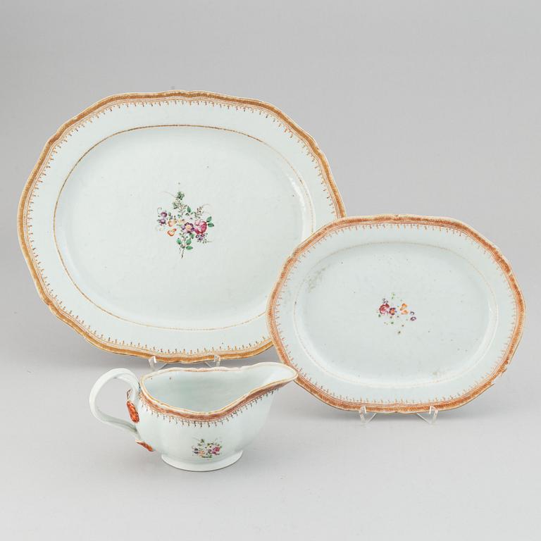 Two famille rose serving dishes and a sauce boat, Qing dynasty, Qianlong (1736-95).