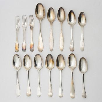 14 pieces of older silver spoons and forks, Sweden, 18th & 19th century.