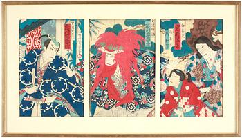 Chikashige Morikawa · CHIKASHIGE MORIKAWA, triptyk, färgträsnitt, Japan, 1800-tal.