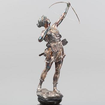 A silver plated sculpture of Diana, early 20th Century.