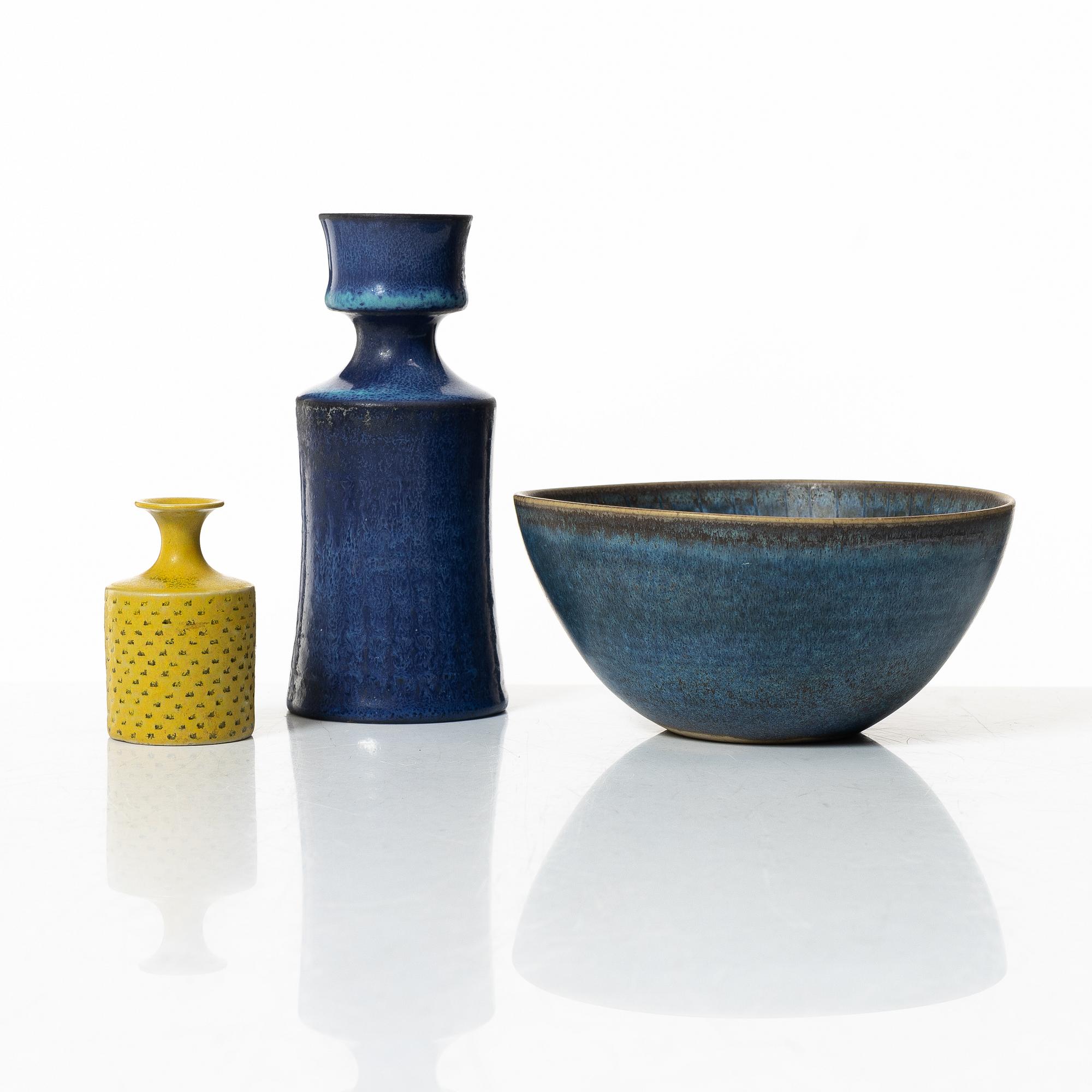 Stig Lindberg, vaser, 2 st och skål, stengods, Gustavsbergs Studio 1964-68.