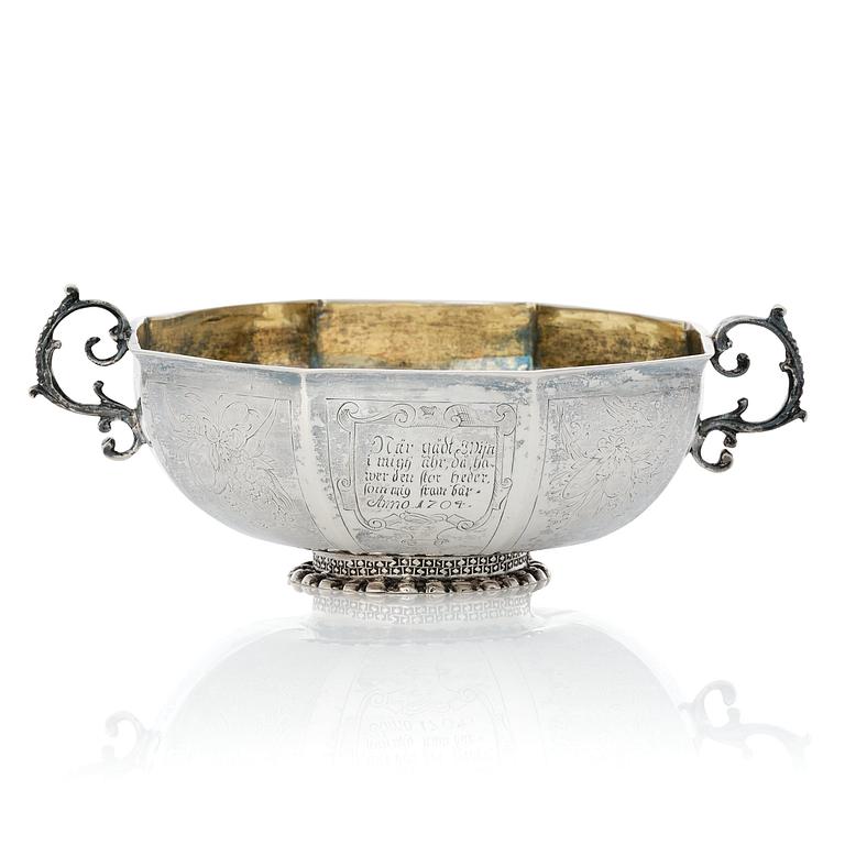 A Swedish Baroque parcel-gilt silver brandy-bowl, mark of Petter Lund, Nyköping 1703.