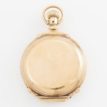 American Waltham Watch Co, fickur, savonett, 14K guld, med kedja, 53,5 mm.