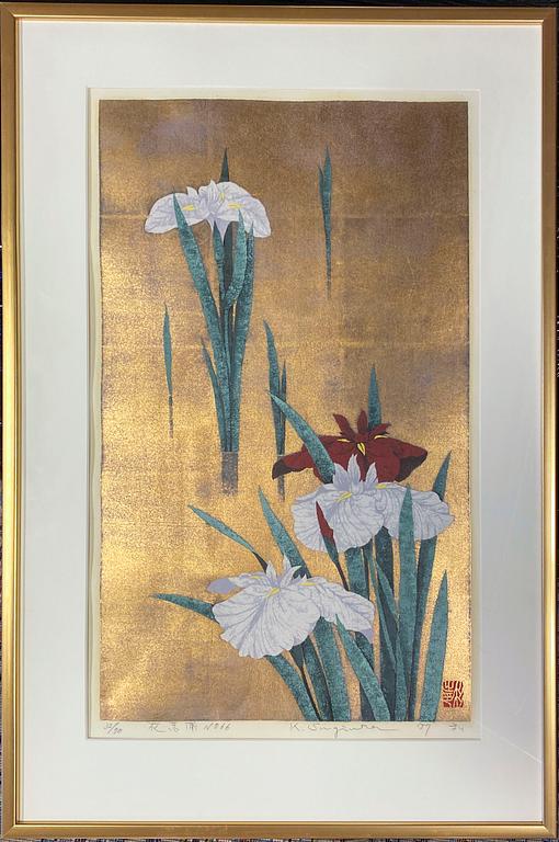 KAZUTOSHI SUGIURA (1938-), silkscreen on gold leaf, signed, numbered 32/70 and dated -87.