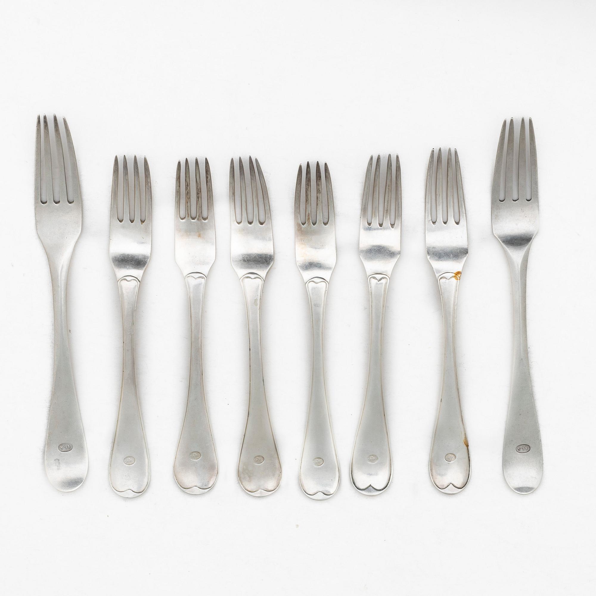 Eight Swedish silver forks, first half of the 19th century.