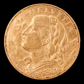 GULDMYNT, 10 fr, Schweiz, 1913. Vikt ca 3 g.