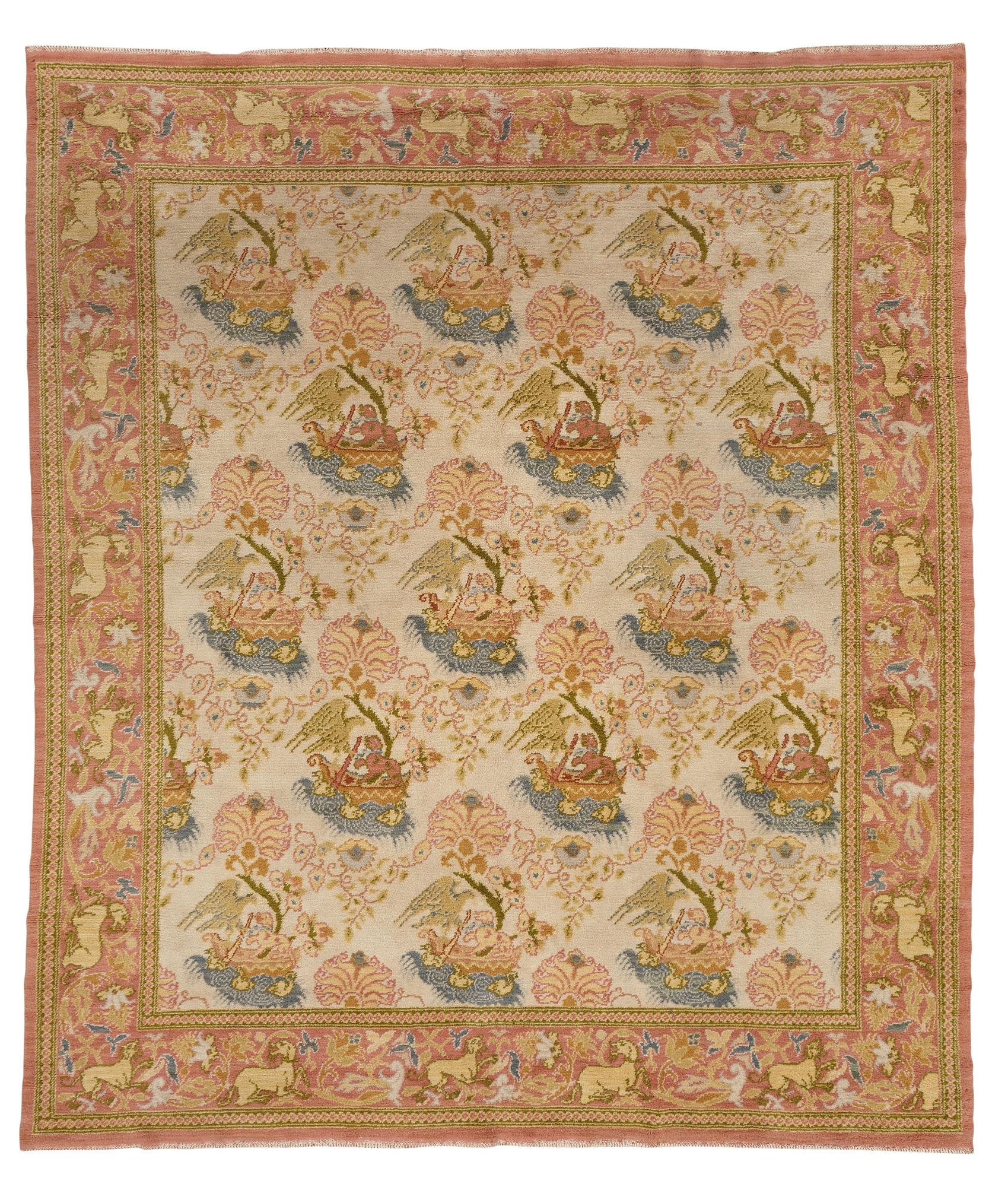 Matta, semiantik Spansk, sannolikt Madrid, ca 289,5-293 x 251-254 cm (samt kortsidorna med ca 1-2 cm slätväv).