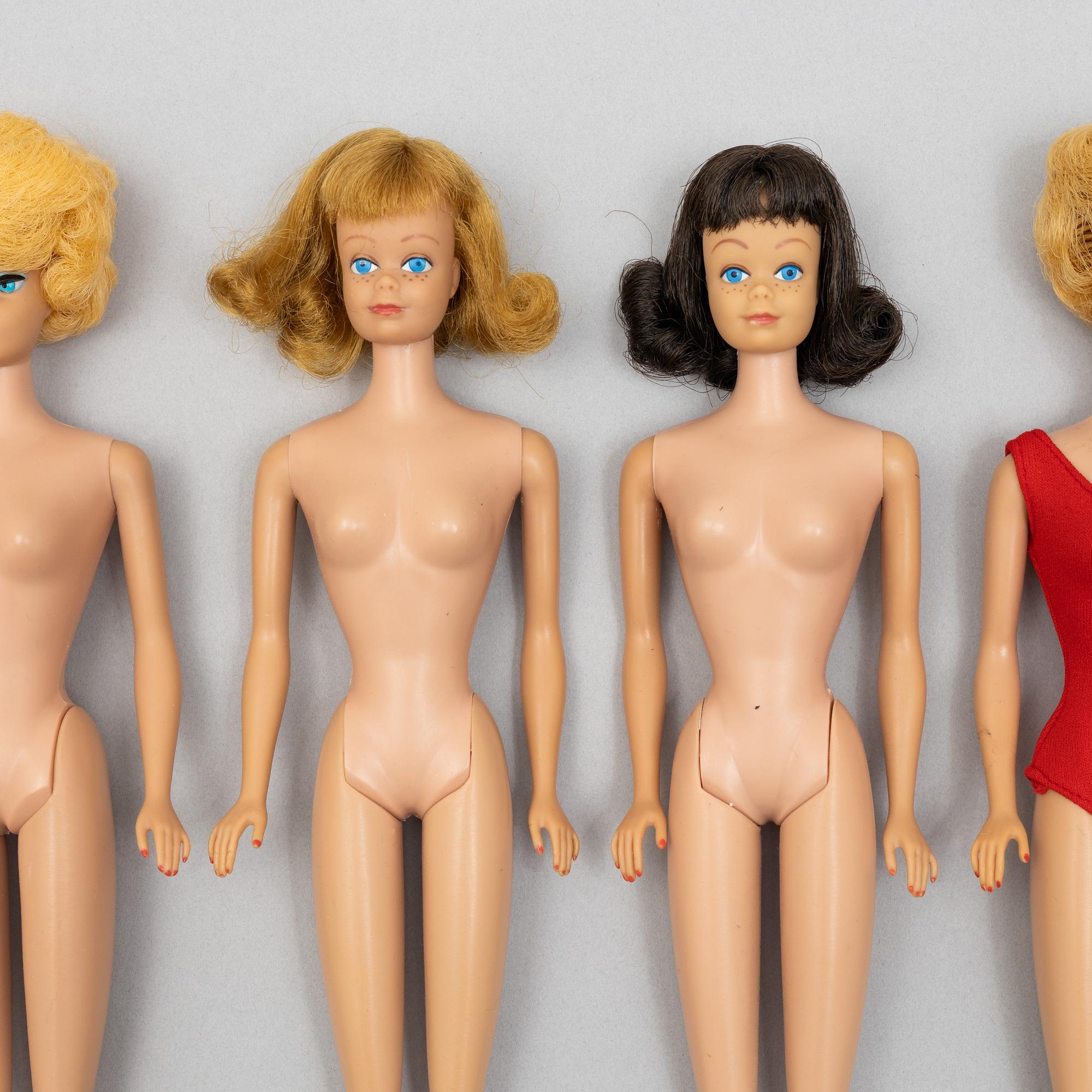 Barbiedockor, 7 st, bl a "Barbie Bubble cut", "Midge", & "Skipper", Mattel, 1960-tal.