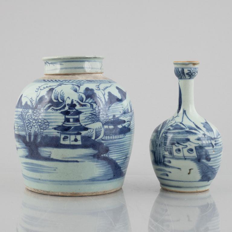 A porcelain flask and urn with cover, China, Qing dynasty, 19th century.